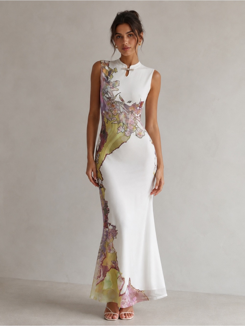 COMMENSE Sleeveless Floral Cheongsam Maxi Dress